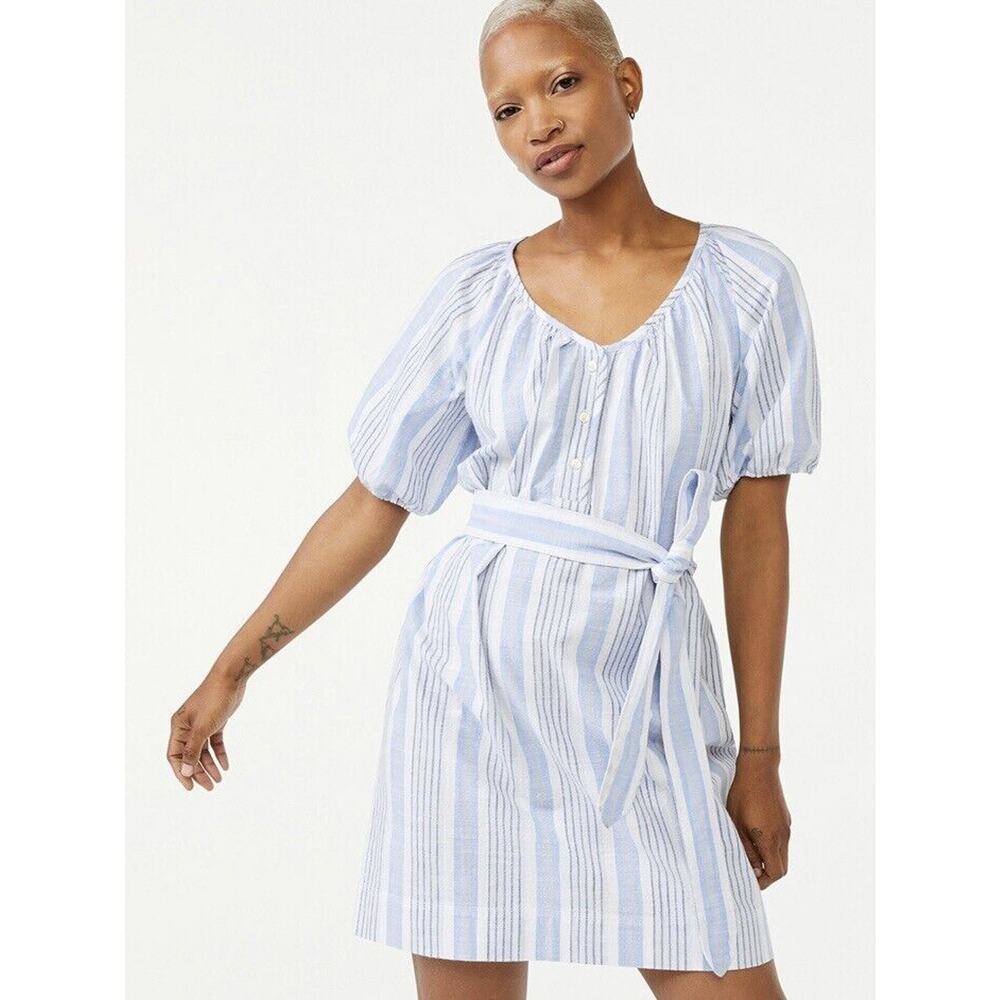 Free Assembly Size XS Shirt Dress Denim Striped Chambray Puff Sleeve V-neck Tie